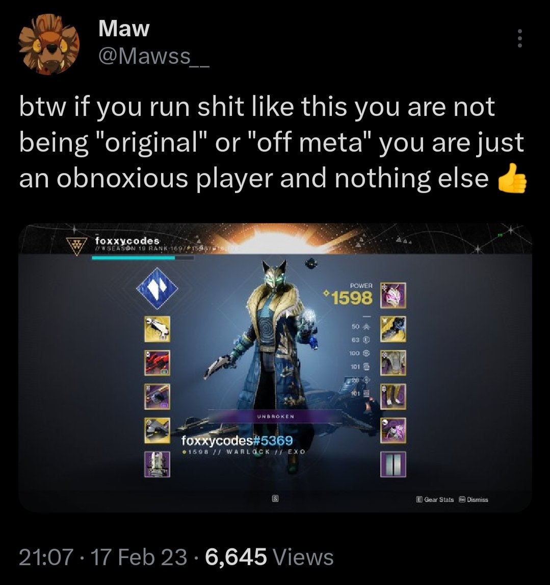 Ah there we are again, taking screenshots of people simply playing pvp to publicly shame them for a loadout in a video game for some clout, grow up and learn to be less miserable. #bebetter
