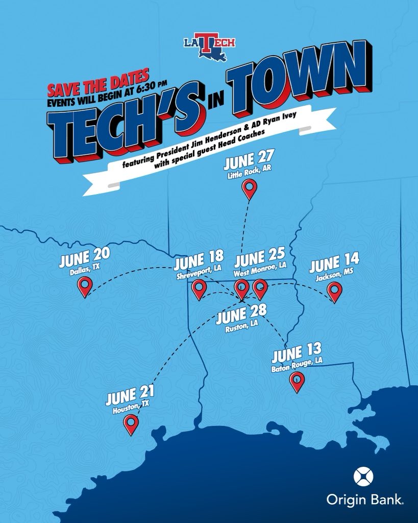 We are coming to YOU as we throw it back with TECH’S IN TOWN! Engage with President Jim Henderson, AD Ryan Ivey, Head Coaches, and more. Mark your calendars. 8️⃣ Dates. 8️⃣ Cities. Registration information will be released early next week. We can’t wait to see you there!