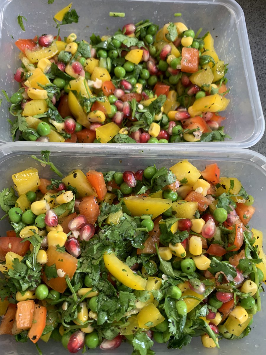 Another late brekky & todays sides pomegranate pea corn peppers mint & coriander