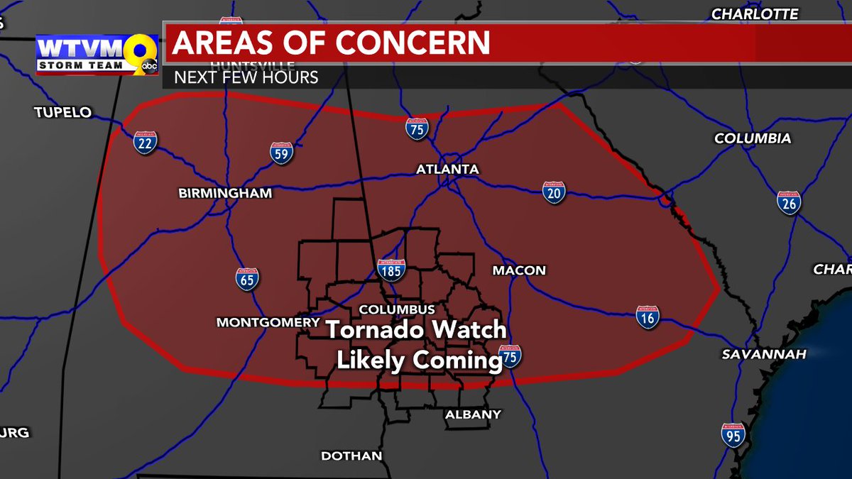 FIRST TO ALERT: Tornado watch likely coming soon for part, if not most, of the area. This would be the first round of storms. Severe weather overall should be fairly isolated. The highest threat is for damaging winds. #wtvmwx #gawx #alwx