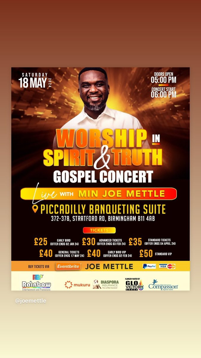 Birmingham this 18th of May we will be lifting up praise unto the Lord together .
Get your tickets on eventbrite now before it’s too late and see you soon.
God bless you