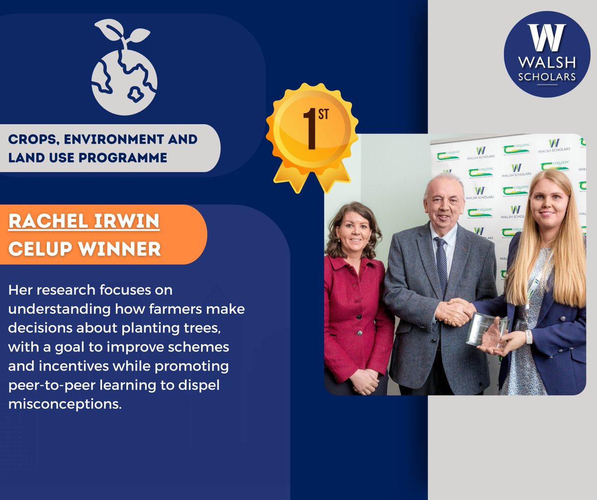 First place from the Crops, Environment and Land-Use Programme (CELUP) was awarded to Rachel Irwin at the Teagasc Walsh Scholar awards yesterday. You can read more about Rachel's work in #Agroforestry here bit.ly/3ycIPVJ 

#WalshScholars #NextGeneration