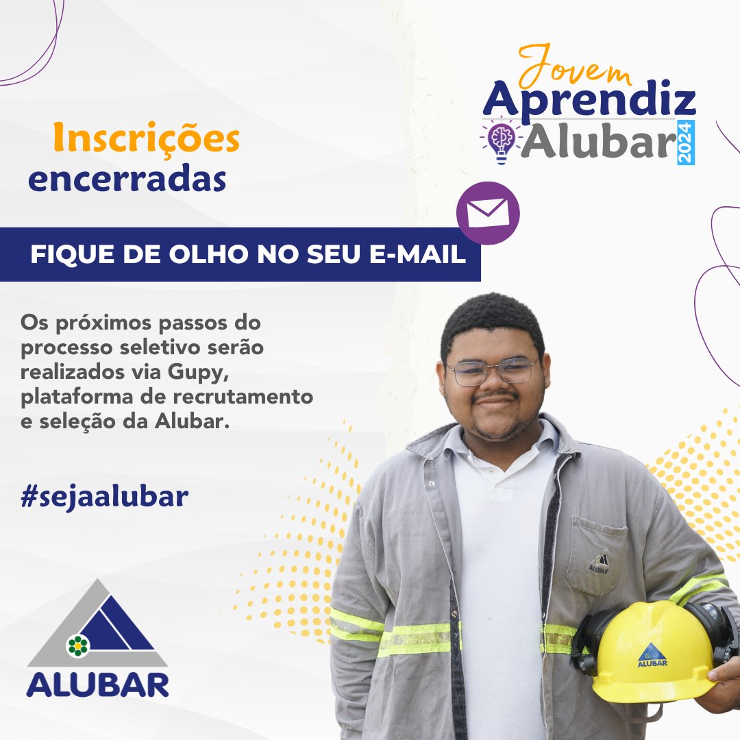 As inscrições para o programa Jovem Aprendiz Alubar 2024 estão encerradas. Agradecemos a todos que participaram dessa primeira etapa.

Acompanhe os próximos passos pela plataforma de recrutamento Gupy.

Fique atento ao e-mail cadastrado e boa sorte!
#GrupoAlubar #SejaAlubar