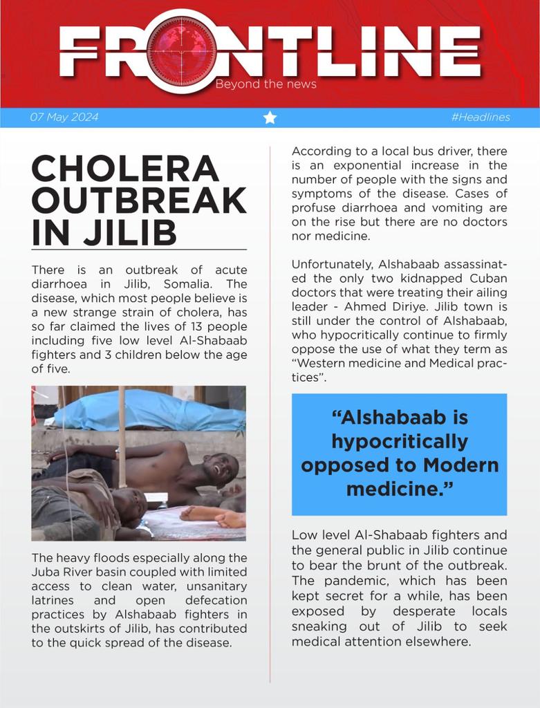 Reports of a serious cholera outbreak has hit Jilib, #Somalia due to floods and poor sanitation.
The pandemic has overrun available health facilities but #Alshabaab who controls the area are limiting access, after their leader Ahmed Iman fell sick due to the disease.