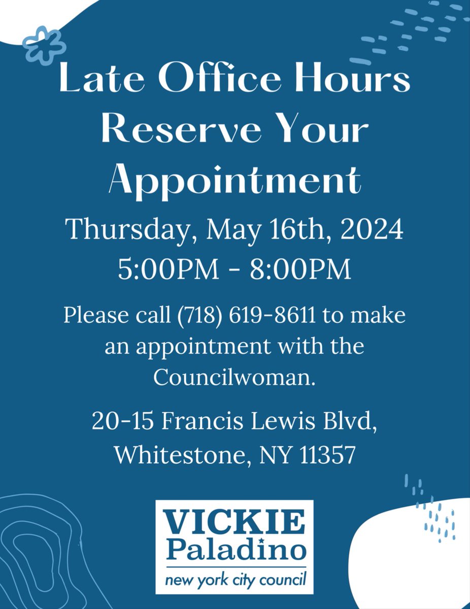 Late Office Hours are back! On Thursday, May 16th, I will be in my District Office after 5 pm to meet with my constituents by appointment only. Please call my office today to reserve your appointment because they fill up fast!