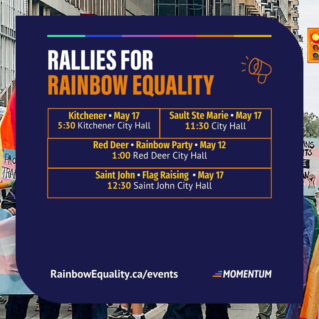 There are 23 rallies now confirmed as part of the Rainbow Week of Action, which officially kicks off in two days! Find details about a rally in a city near you below, and RSVP at rainbowequality.ca/events