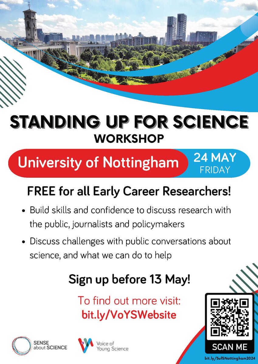 Less than two weeks until the next the @voiceofyoungsci ‘Standing up for Science’ workshop on 24 May at the @UniofNottingham bit.ly/SufSNottingham…