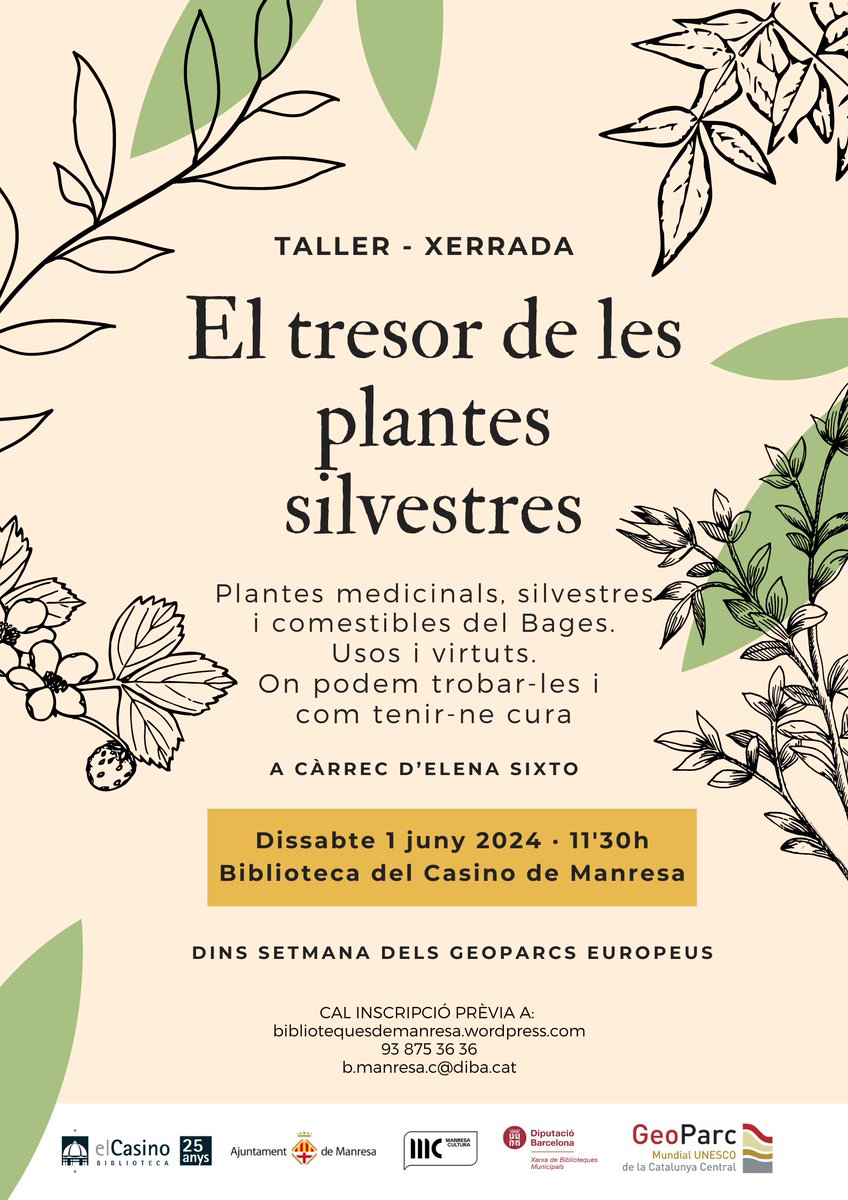 El #Bages és un tresor de plantes silvestres! @Geoparc T'agradaria venir a aquest taller? Coneixerem els seus usos, on trobar-les i com tenir-ne cura. 'El tresor de les plantes silvestres', amb Elena Sixto. 🗓️dissabte 1 de juny ⏰11'30h 📍Biblioteca ✏️wp.me/p3gazg-6yp