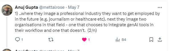 @mettalrose What you describe below seems really smart: you get them to think about actual domains that demand certain kinds of expertise and are governed by professional ethics of various kinds. Tho I don't do this kind of teaching with bots, I really like that approach./b
