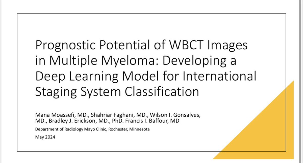 Using whole body CT scan and #DeepLearning for classifying the stage and #survival of #multiplemyeloma! 

Today at 10:30, Room 306 #ARRS24!

@ARRS_Radiology 

Especial thanks to my great colleagues and mentors, @ShahriarFaghani @frbaffour, and @Slowvak!