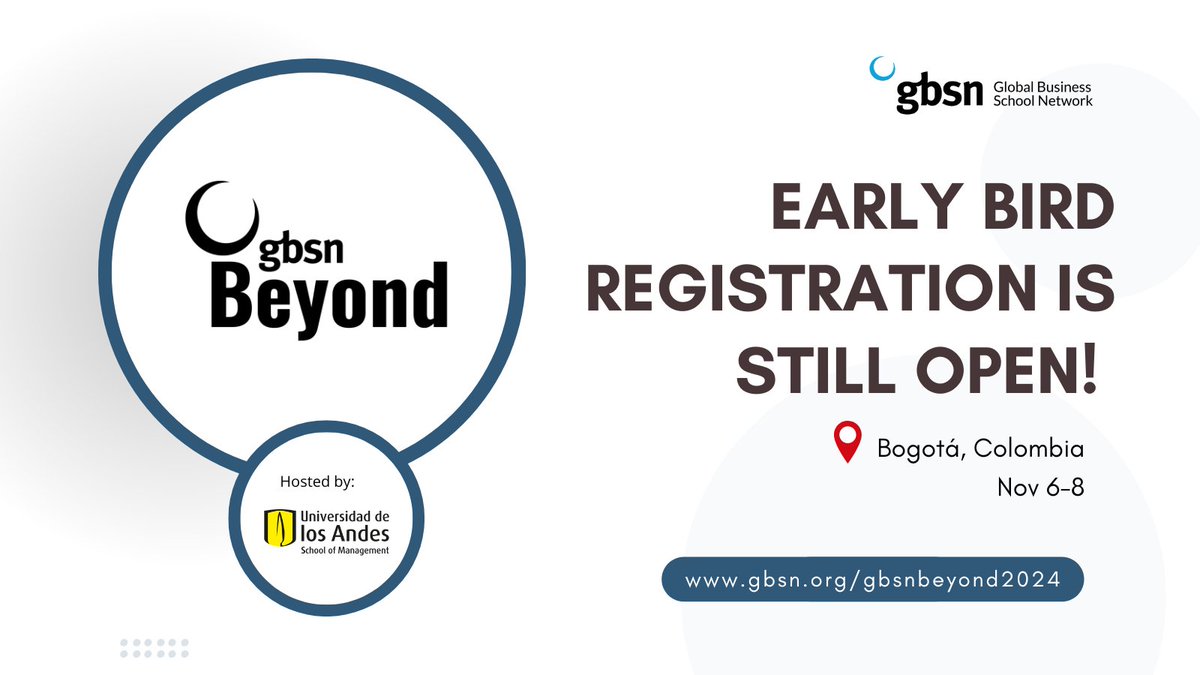 GBSN (@gbsnonline) on Twitter photo Early Bird Registration for GBSN Beyond is still OPEN! To date, we have registrants joining us from Africa, Asia, South America, Europe and North America. Join us in Bogotá, Colombia from November 6-8 hosted by <a href="/AdmonUniandes/">AdmonUniandes</a>.
ow.ly/f80g50RzLi1 Early Bird Registration for GBSN Beyond is still OPEN! To date, we have registrants joining us from Africa, Asia, South America, Europe and North America. Join us in Bogotá, Colombia from November 6-8 hosted by <a href="/AdmonUniandes/">AdmonUniandes</a>.
ow.ly/f80g50RzLi1