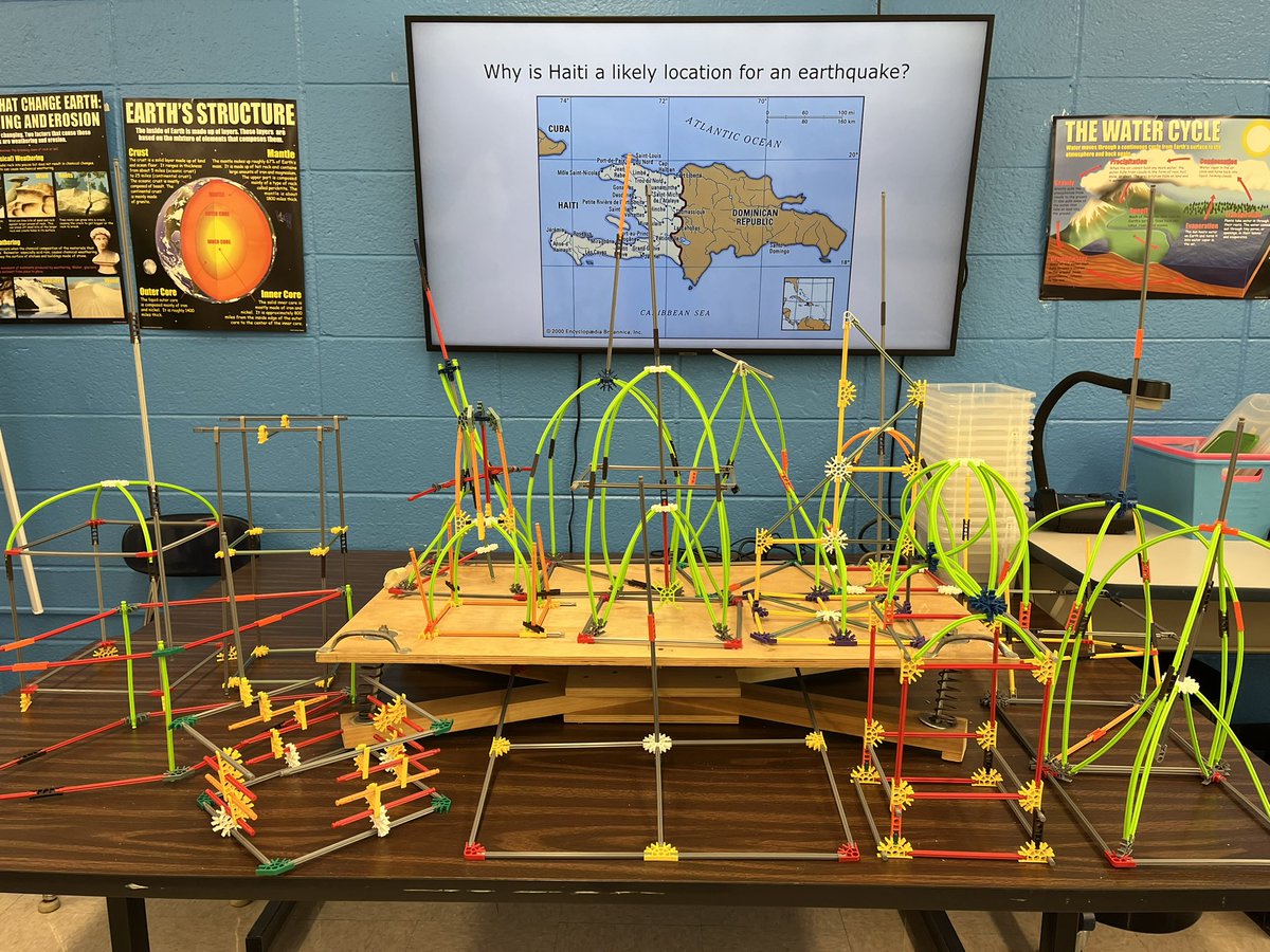 Grade 6 @WPSEisenhower students completed a “quakeproof” building challenge using K’NEX and our shake table after learning about earthquakes in Haiti, strong and flexible building materials and resilient building design.
