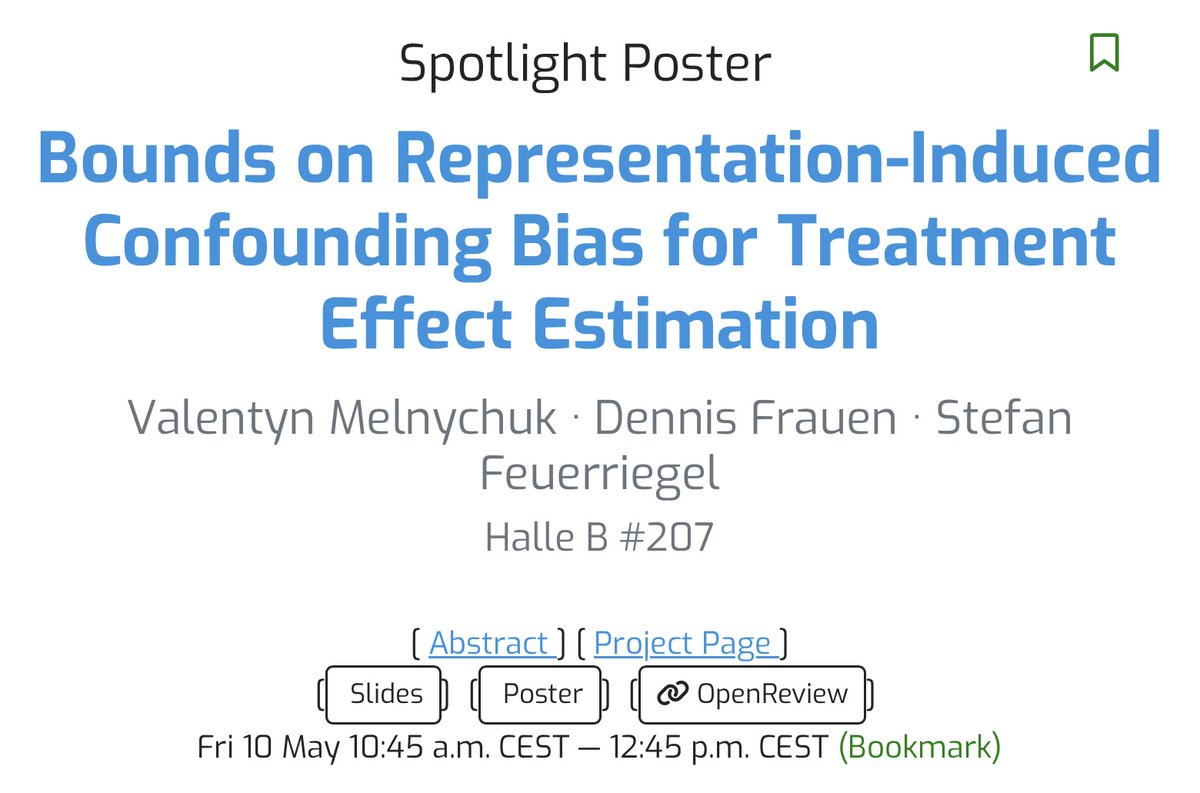 Valentyn Melnychuk 🇺🇦 (@valik_melnychuk) on Twitter photo 1/5 Want to know more about representation learning for treatment effect estimation? Come check out our spotlight poster @ ICLR 2024 <a href="/iclr_conf/">ICLR 2026</a>
"Bounds on Representation-Induced Confounding Bias for Treatment Effect Estimation"
w/ <a href="/dennisfrauen/">Dennis Frauen @ICLR 2025</a> <a href="/stfeuerriegel/">Stefan Feuerriegel</a>
<a href="/AIatLMU/">AI@LMU</a> 1/5 Want to know more about representation learning for treatment effect estimation? Come check out our spotlight poster @ ICLR 2024 <a href="/iclr_conf/">ICLR 2026</a>
"Bounds on Representation-Induced Confounding Bias for Treatment Effect Estimation"
w/ <a href="/dennisfrauen/">Dennis Frauen @ICLR 2025</a> <a href="/stfeuerriegel/">Stefan Feuerriegel</a>
<a href="/AIatLMU/">AI@LMU</a>