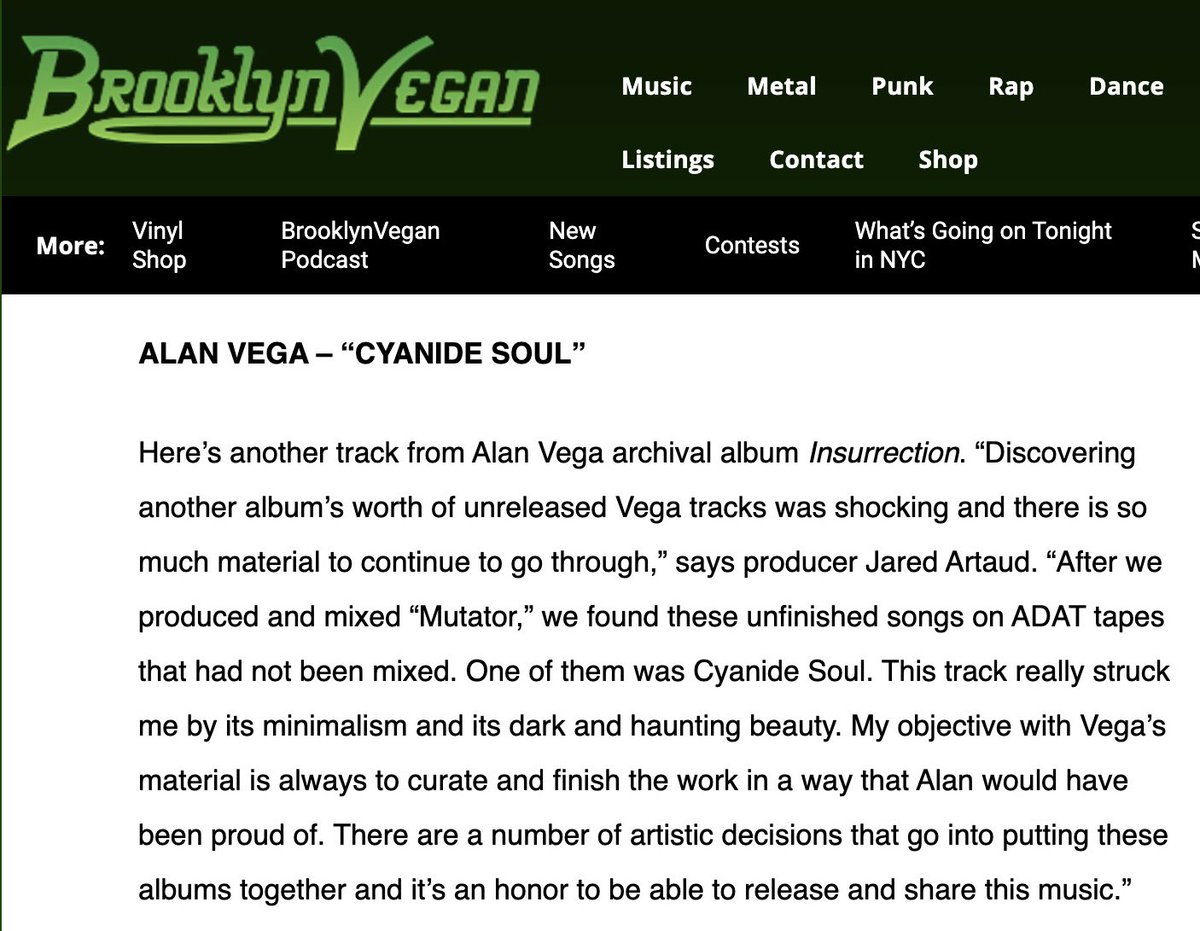 NEW ALAN VEGA SONG 'CYANIDE SOUL' IS OUT NOW EVERYWHERE. IT'S THE SECOND TRACK RELEASED FROM THE UPCOMING NEW ALBUM 'INSURRECTION' OUT MAY 31. #alanvega #alanvegavault @JAREDARTAUD @RollingStone @brooklynvegan