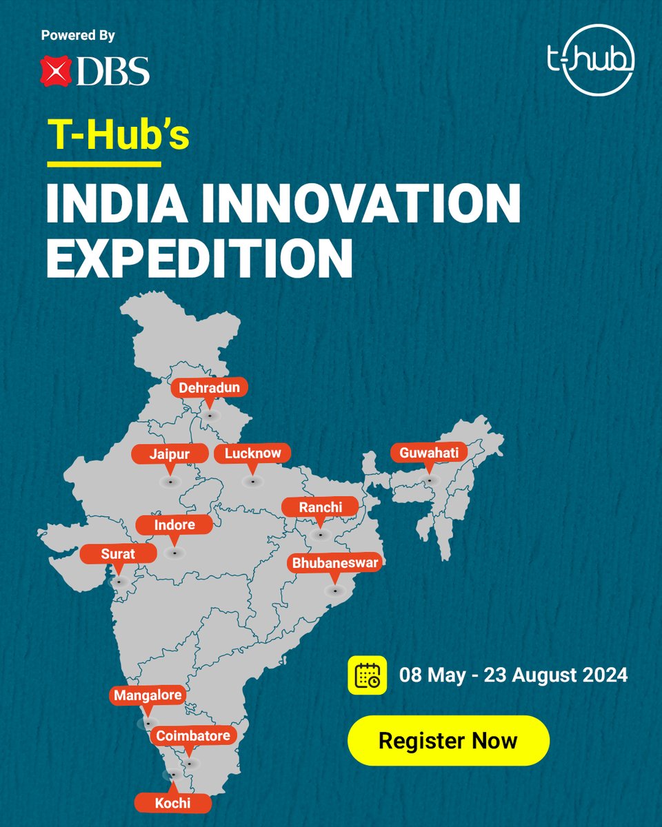 T-Hub, with DBS Bank, launched the #India Innovation Expedition, recognizing the potential and talent beyond metropolitan areas. Spanning 12 cities, it promises a unique platform where ideas meet action and innovation flourishes. Register: bit.ly/4a8kfmb