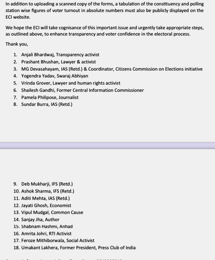 Our letter to @ECISVEEP demanding public disclosure of authenticated records of voter turnout (Part-I of Form 17 C) to put to rest concerns regarding large fluctuations in figures of voter turnout in the ongoing elections. You can also sign the petition- forms.gle/WeSwyPRCHxWyo7…