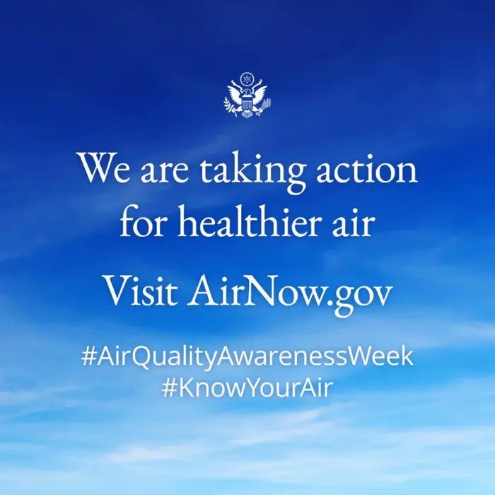 Let's raise awareness about the importance of clean air this #AirQualityAwarenessWeek! By understanding the sources of air pollution & taking steps to reduce them, we can protect public health. Download @Statedept’s air quality app, #Zephair for air quality data around the 🌎.