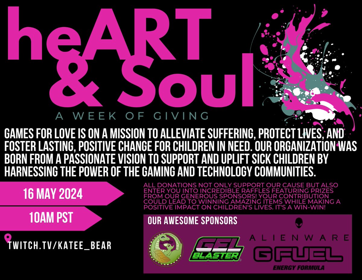 Join us for an incredible week-long event as we raise money for Games for Love, an organization dedicated to bringing the joy of gaming to hospitalized children.
Throughout the week, we'll be hosting a donation drive with some truly amazing prizes up for grabs, thanks to our