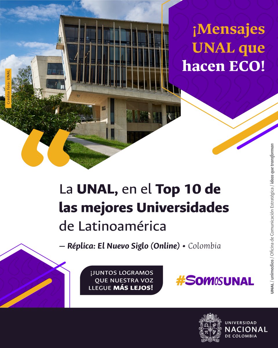 #UNALenMedios “Universidad Nacional de Colombia, en el top 10 de las mejores Universidades de Latinoamérica” 👏 La firma británica <a href="/worlduniranking/">QS World University Rankings</a> publicó una actualización en su listado anual sobre educación superior ➡️ t.ly/W42aq Vía <a href="/ElNuevoSiglo/">EL NUEVO SIGLO</a> | #SomosUNAL