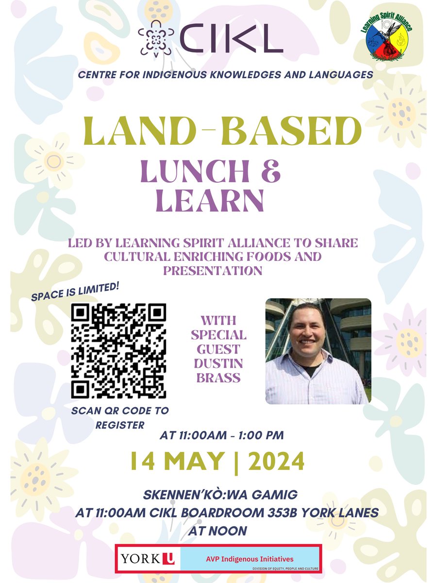 We would like to invite you to a Land-Based Lunch &amp; Learn! This event is led by Learning Spirit Alliance, with a goal to share cultural enriching foods and presentation with a special guest, Dustin Brass.