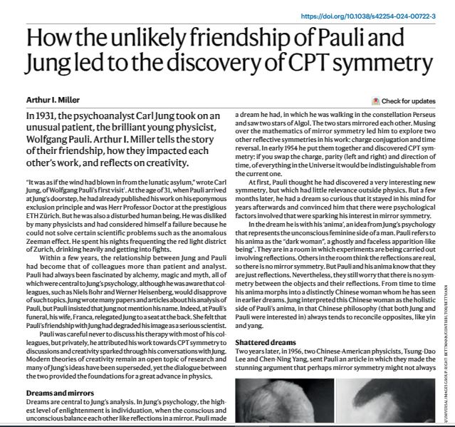 [History of Physics] How the unlikely friendship of Pauli and Jung led to the discovery of CPT symmetry Arthur I. Miller nature.com/articles/s4225…