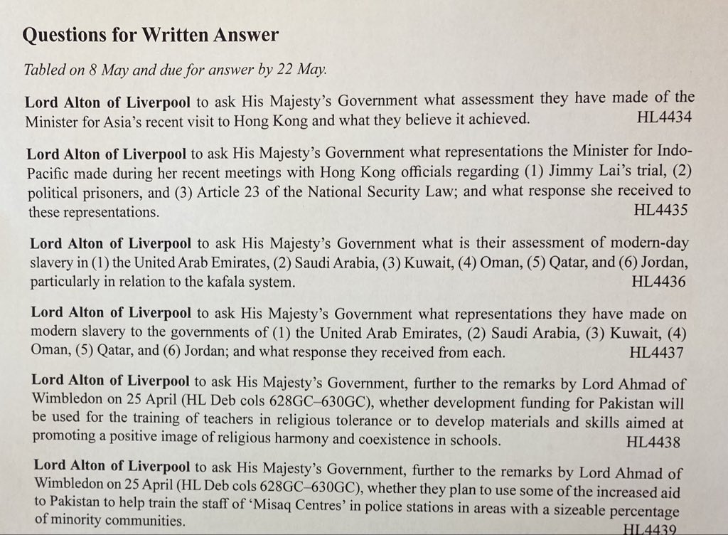 My questions in @UKParliament today about @annietrev ministerial visit to Hong Kong; Jimmy Lai trial; Kafala & modern day slavery; protection of Pakistan minorities @tariqahmadbt @Stand_with_HK @hk_watch @thecfhk @caoilfhionnanna @APPGPakMin @JimShannonMP @UK_FoRBEnvoy @arisefdn