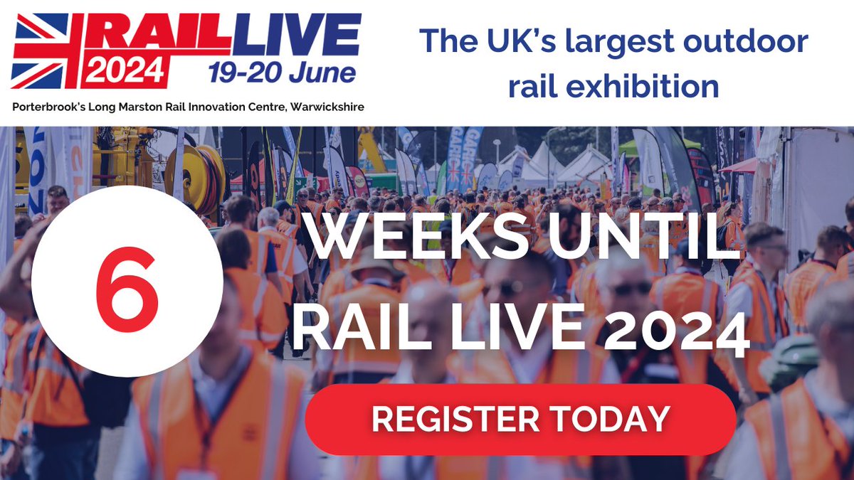 The countdown is on - less than 6 weeks until #RailLive Don't miss out on attending the UK's largest & only immersive rail exhibition. With many new features to look forward to & countless networking opportunities, it's not to be missed! Register today: ow.ly/W0vV50RtloT
