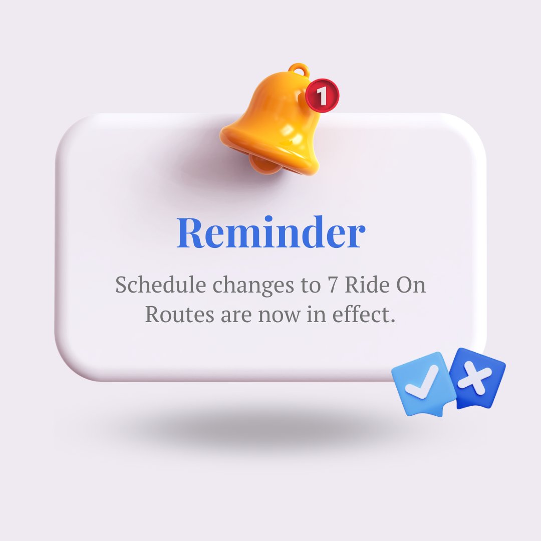 Schedule changes to 7 Ride On Routes are now in effect. For a full list of routes included, visit ow.ly/1m2v50Ro0Pl
