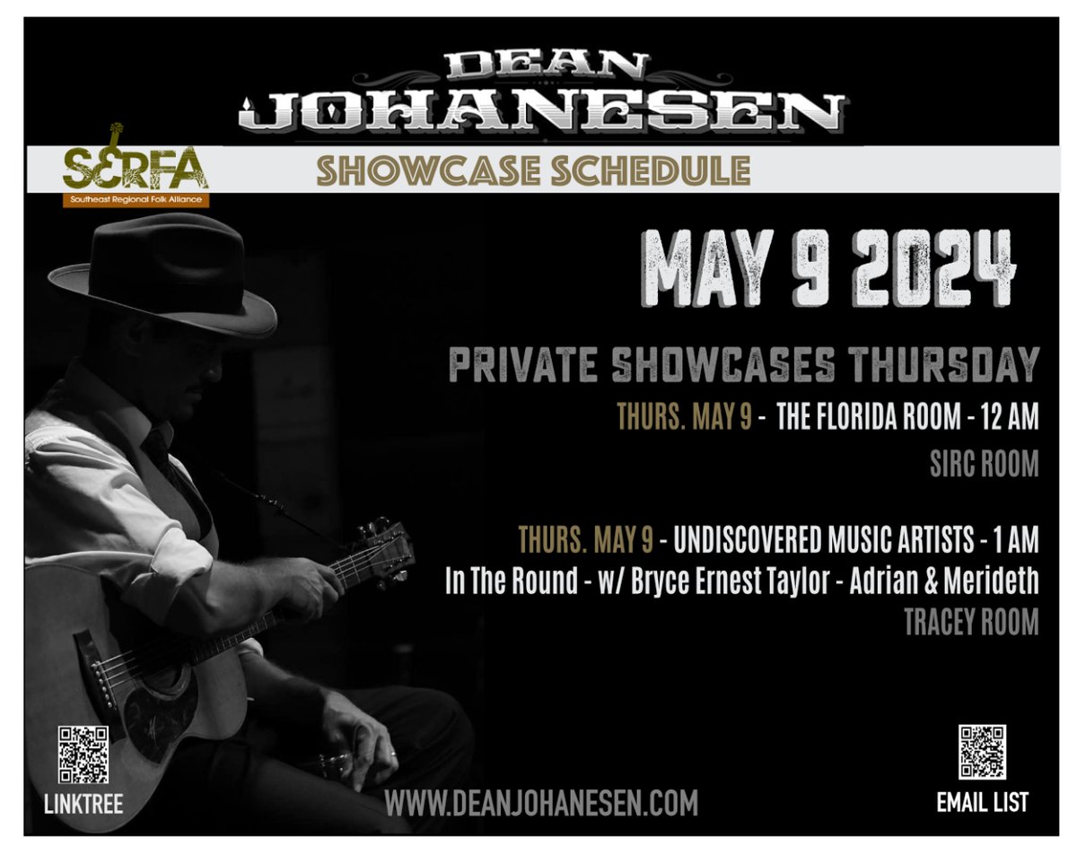 SERFA Thurs. 5/9 2 showcases today. The Florida Room & Undiscovered Music Artists. Grateful to these hosts for including me my first year! #deanjohanesen #circusswing #westernswing #hotclubjazz #matonguitars #originalmusic #serfa2024 #serfafai #blackmountain #nc #musicconference