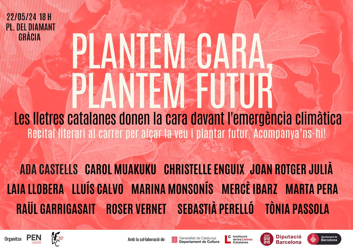 🌱L'AELC i el @PENCatala organitzen un recital a Barcelona que uneix la literatura i emergència ambiental. Serà demà a les 18 h a la plaça del Diamant. Més detalls: escriptors.cat/agenda/plantem…