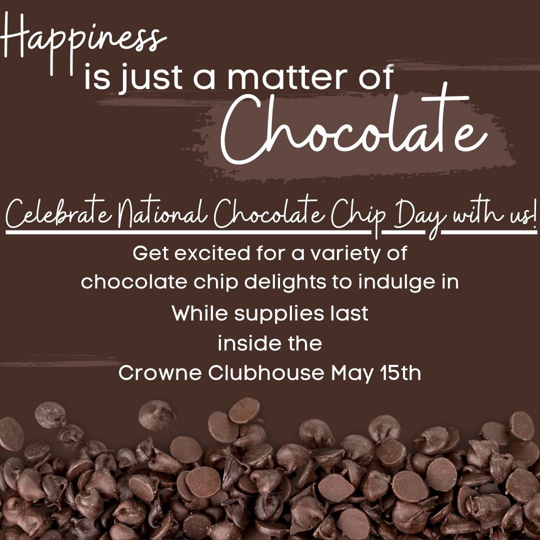 Swing by the clubhouse on May 15th and enjoy a variety of chocolate chip treats!😋
Exactly what your midweek needs!🍪
#crowneclub #apartmentliving #nationalchocolatechipday #lovewhereyoulive #apartmentliving #winstonsalem #wsnc