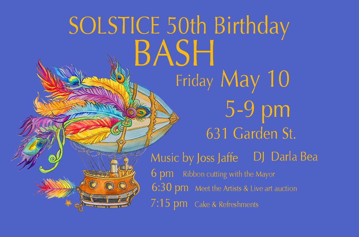📅 May 10 5pm - 9pm | #SantaBarbara #SummerSolstice 50th Anniversary BIRTHDAY BASH at the CAW - 631 Garden Street.
buff.ly/3JR4aqr 

Music by Joss Jaffe, and DJ Darla Bea. 

and, yes...there will be cake and wine.