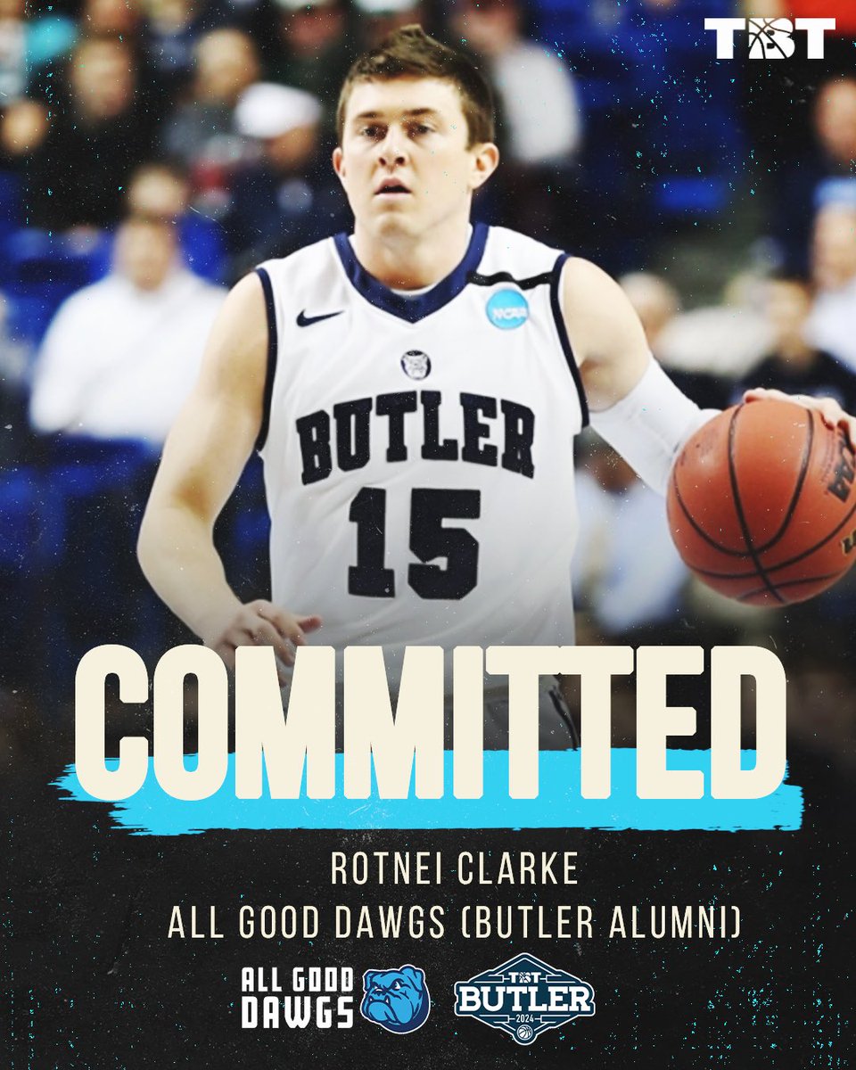 BIG PICKUP FOR ALL GOOD DAWGS! The @ButlerMBB alumni have locked in a commitment from Rotnei Clarke, who averaged 16.9PPG in his one year at Butler🐶 @RotneiClarke15 will be BACK AT HINKLE FIELDHOUSE this summer! Tickets to see @AllGoodDawgsTBT: thetournament.com/tbt/butler-reg…