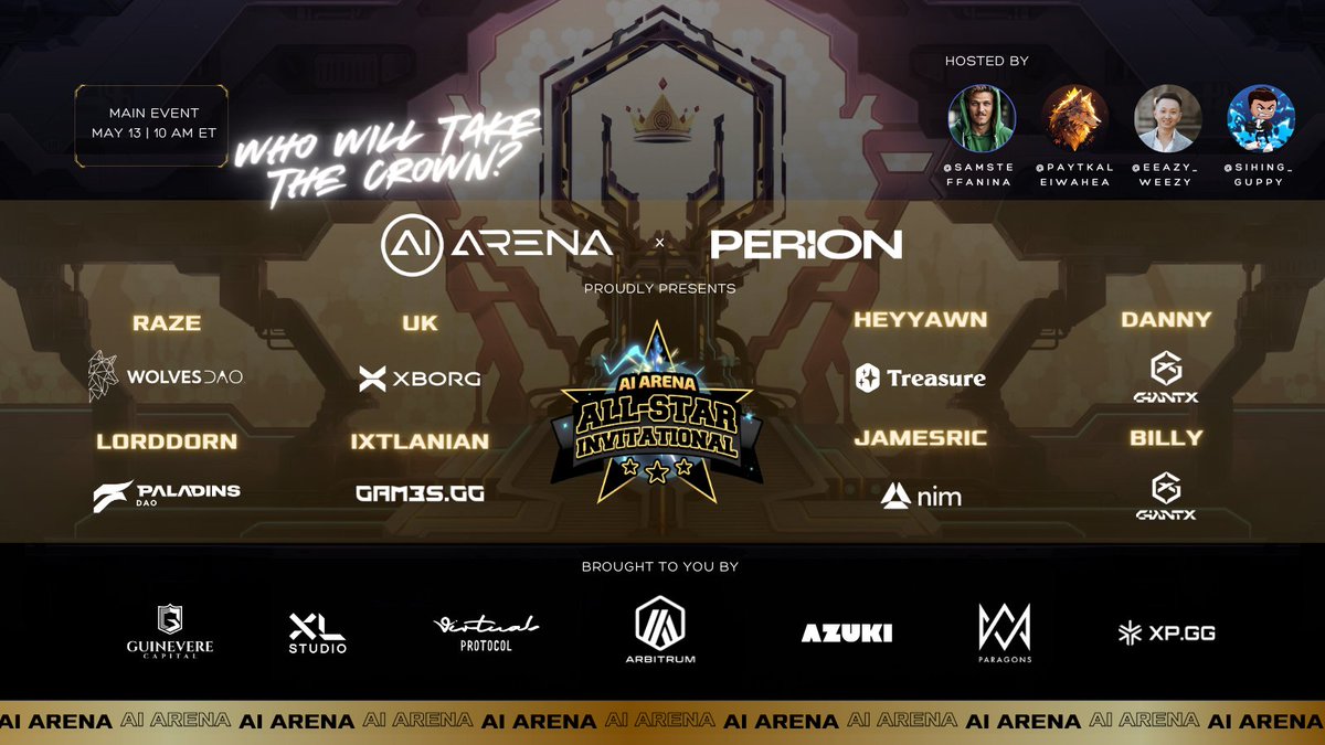 As the ASI tournament of champions draws near, we're excited to team up with @PerionDAO to bring you this star-studded competition alongside some amazing project sponsors! Tune into the Main Event on May 13th at 10 AM ET! It will be broadcast across all of our AI Arena socials.