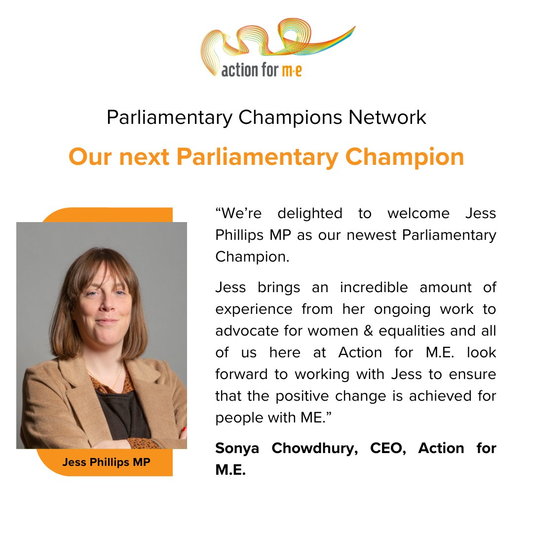 Delighted to welcome @jessphillips MP as our newest Parliamentary Champion! 🎉

Jess's dedication to advocacy for women & equalities will be instrumental in creating positive change in legislation & amplifying the voices of those living with #MECFS

#pwME #MyalgicE #Parliament