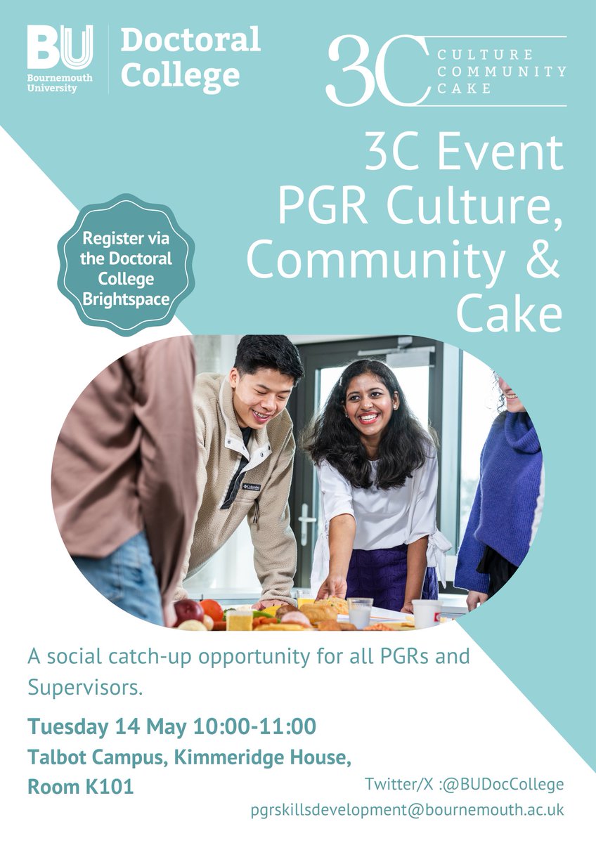 Join us for an exciting community event bringing together PGRs and Supervisors! Book now to attend next week's 3C event🍰☕️ bit.ly/42Q86Am #BUDoctoralCollege #BUPGRCulture