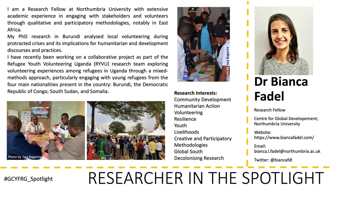 GCYFRG (RGS-IBG) (@gcyfrg) on Twitter photo Introducing our latest #GCYFRG_Spotlight
<a href="/biancafdl/">Bianca Fadel</a> based at <a href="/NorthumbriaUni/">Northumbria Uni</a>
Her research explores experiences of youth volunteering. See her full profile here: gcyfrg.wixsite.com/gcyfrg/researc⦠Introducing our latest #GCYFRG_Spotlight
<a href="/biancafdl/">Bianca Fadel</a> based at <a href="/NorthumbriaUni/">Northumbria Uni</a>
Her research explores experiences of youth volunteering. See her full profile here: gcyfrg.wixsite.com/gcyfrg/researcā¦