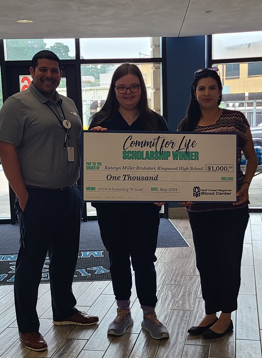 Congratulations to Katelyn Brubaker on receiving the Commit for Life Scholarship from Gulf Coast Regional Blood Center @commitforlife, all of House Office 4300 and @HumbleISD_KHS are extremely proud of you ma'am! 👩‍⚕️🐎👩‍⚕️🐎 #commitforlife @khsKingwoodHOSA