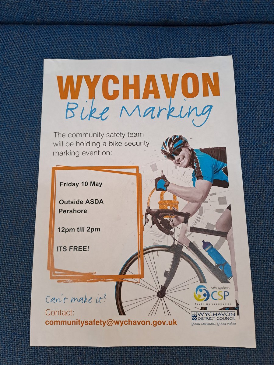 On Friday the 10th May PC Januszewski Wychavon Community Safety Team and Pershore Town SNT will be working in partnership conducting a bike marking event. We will be outside Asda ( Chapman Court) between 12:00 and 14:00. We look forward to seeing you there!