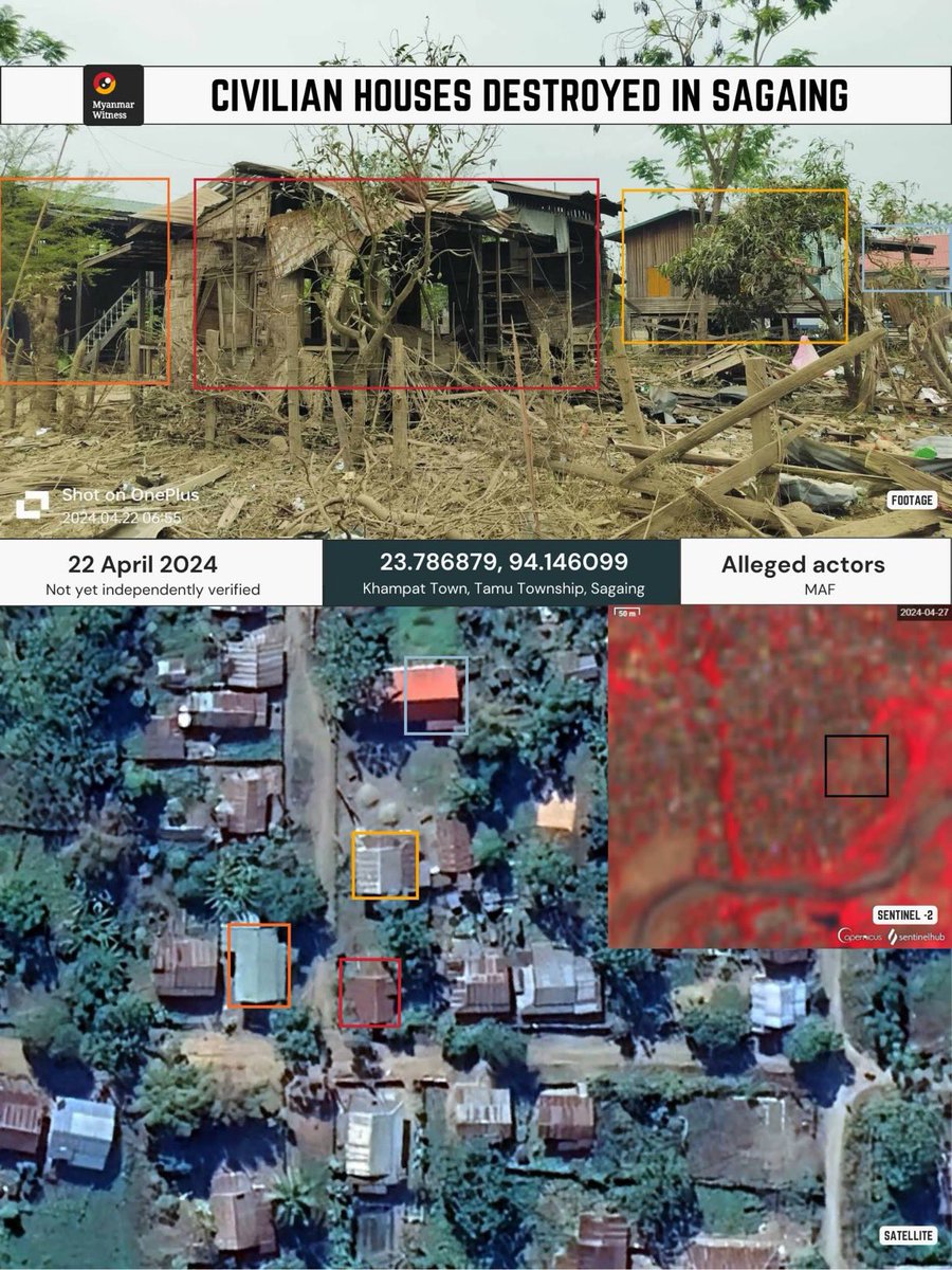 #Sagaing Region, Khampat Town, Tamu Township was allegedly bombed 3 times by Junta jet fighter at 2:00am on 22 April. 3 civilians were killed, at least 10 others were injured and several civilian houses were destroyed.

#2024May9Coup 
#WhatsHappeningInMyanmar
#WarCrimesOfJunta