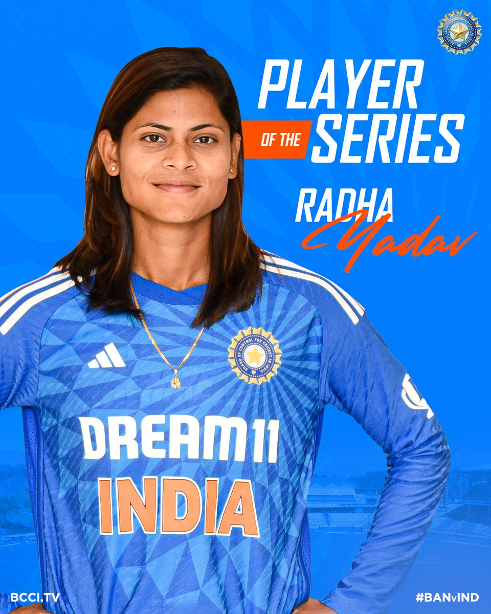 🔟 wickets in 5 matches with an economy of just 5.05 🙌 Radha Yadav becomes the Player of the Series 👏👏 Scorecard ▶️ bit.ly/BANWvINDW-5THT… #TeamIndia | #BANvIND | @Radhay_21