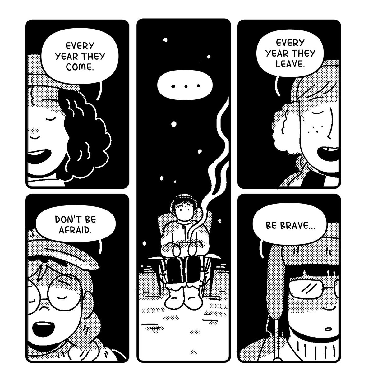 a short preview of my comic for 'Seasons', debuting at TCAF this weekend!! what happens when you have a snowfield, a group of friends, and Something Strange in the night sky? read and find out! 🖤