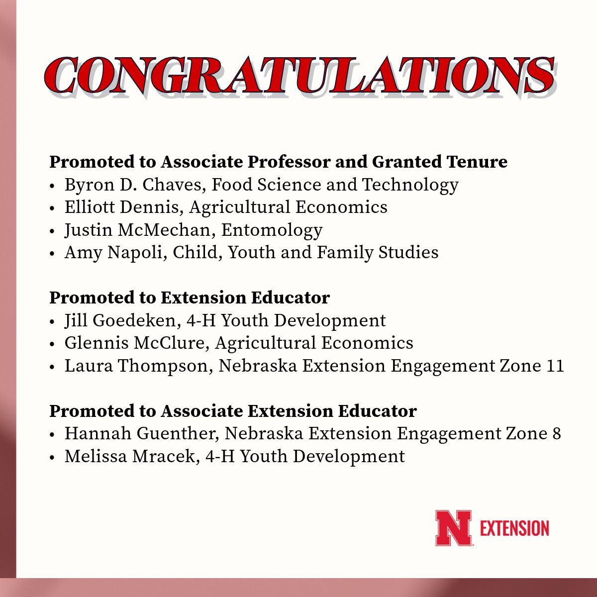 🎉🌟 Big congratulations to our outstanding Extension professionals at UNL for their well-deserved promotions! We're incredibly proud of your achievements and grateful for the dedication you bring to serving our community. #NebExt @UNL_IANR @UNLincoln news.unl.edu/newsrooms/toda…