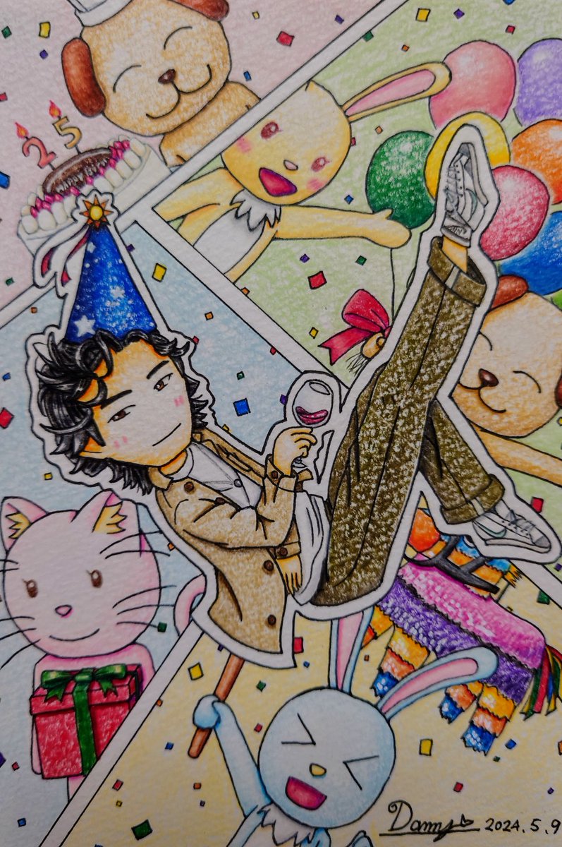 大遅刻ですみません💦
ネイサン誕生日記念イラストです😅
パーティーな感じを出したかったので、思いっきりわちゃわちゃさせました😆
＃色鉛筆イラスト
#GONathanHBD25
#NathanChenHBD25