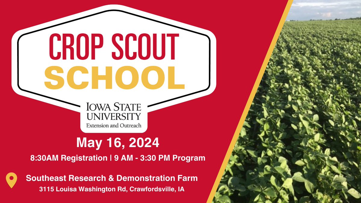T-minus 1 WEEK until our #CropScout School! Topics to be covered included: -Insect ID -Weed ID -Crop Diseases -Crop physiology and growth stages -Field session focusing on stand counts/assessing stands, practice using a sweep net, & more! crops.extension.iastate.edu/2024-crop-scou…