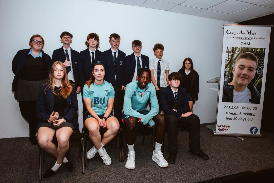 A #KnifeCrimeAwareness Day was held last month. Over 100 students received an emotional talk from Tracy Jose, Cameron Hamilton's grandmother, saw a @VitaNovaNewLife production and met @afcbournemouth Development player Michael Dacosta Gonzalez and Women's player Gemma McGuinness.