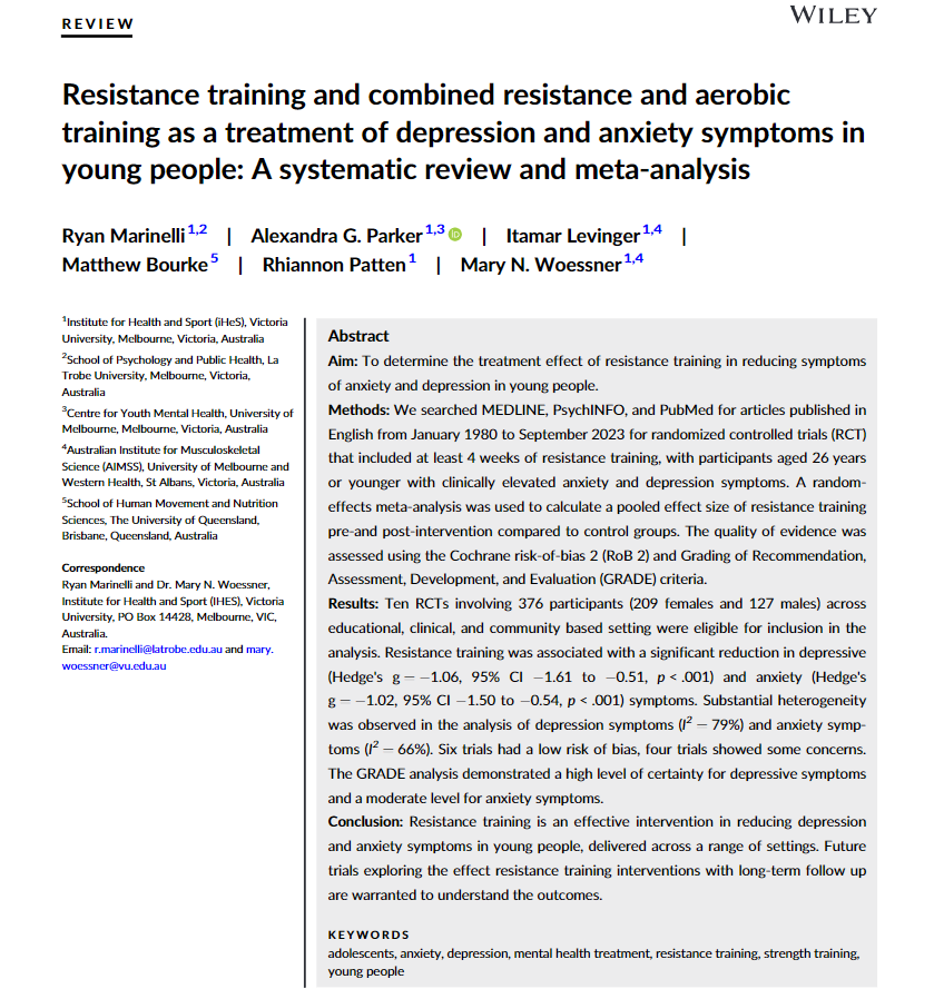 This systematic review and meta-analysis finds that resistance training interventions are likely to be concomitant with reduced depression and anxiety symptoms in young people.