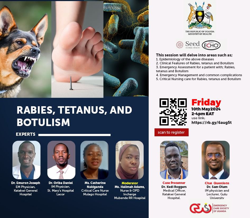 📌Approach to Rabies, Tetanus, and Botulism📌

Date: Friday 10 of May 2024

Time: 2-4 pm EAT

CPD points will be awarded. Certificate of Participation is awarded to those who attend 75% (19) of the sessions in the year.

Register in advance via;
echo.zoom.us/meeting/regist…