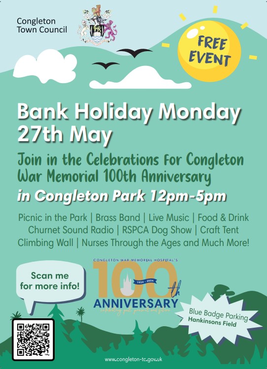 Join us for a historic celebration🏥 We're marking the 100th Anniversary of the Congleton War Memorial Hospital with a picnic in the park🌳 Entry is free for all! Live music, food & drink, exciting stalls & fun for all the family #Congleton100 #WarMemorial #CommunityCelebration