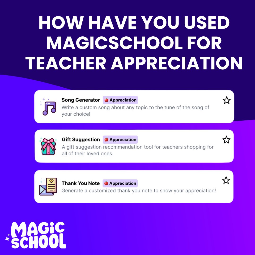 Which MagicSchool tools have you used this week to celebrate teachers? 🎉 Share your experiences and creations with us! 💜 🪄 Share, tag & follow @magicschoolAI, and use #teachersaremagicweek to receive a special gift from us! 🎁 #MagicSchoolAI #Teachersaremagic